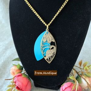 🦚🔵 Vintage Peacock Filigree Silver Necklace ⛓️